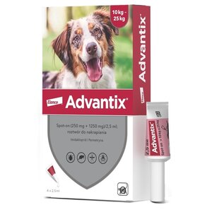 Krople na pchły i kleszcze BAYER Advantix Spot-on Średnie psy (10-25 kg) 4 x 2.5 ml