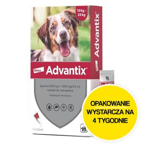 Krople na pchły i kleszcze ELANCO Advantix Spot-on Średnie psy (10-25 kg) 2.5 ml Ochrona przez 4 tygodnie