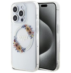 Etui GUESS IML Flowers Wreath MagSafe do Apple iPhone 15 Pro Przezroczysty