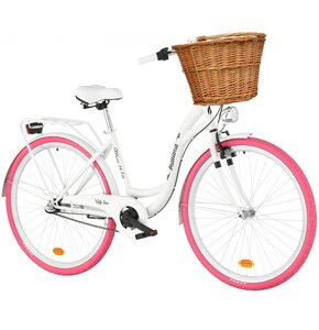 Rower miejski INDIANA Moena OS3B 28 cali damski Biało-różowy + Koszyk wiklinowy na rower VÖGEL VKS-502 Stylowy