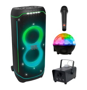 Zestaw do karaoke (Power audio JBL PartyBox Ultimate + Mikrofon JBL PBM100 + Kula świetlna MUSICMATE AB69S + Wytwornica dymu MUSICMATE DM-1)