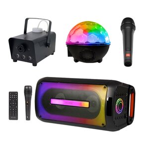 Zestaw do karaoke (Power audio BLOW CityLight + Mikrofon JBL PBM100 + Kula świetlna MUSICMATE AB69S + Wytwornica dymu MUSICMATE DM-1)