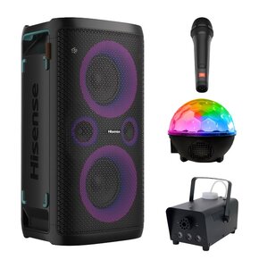 Zestaw do karaoke (Power audio HISENSE Party Rocker HP100 + Mikrofon JBL PBM100 + Kula świetlna MUSICMATE AB69S + Wytwornica dymu MUSICMATE DM-1)