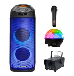 Zestaw do karaoke (Power audio BLAUPUNKT PB06DB + Mikrofon JBL PBM100 + Kula świetlna MUSICMATE AB69S + Wytwornica dymu MUSICMATE DM-1)