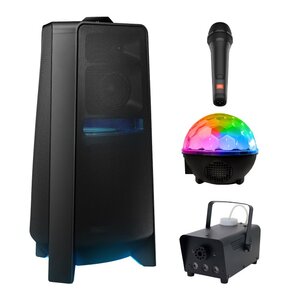 Zestaw do karaoke (Power audio SAMSUNG MX-T70 + Mikrofon JBL PBM100 + Kula świetlna MUSICMATE AB69S + Wytwornica dymu MUSICMATE DM-1)