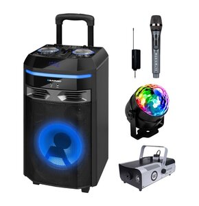 Zestaw do karaoke (Power audio BLAUPUNKT PS6 + Mikrofon MUSICMATE S-105 + Kula świetlna MUSICMATE MB5 + Wytwornica dymu LIGHT4ME FM 1200)