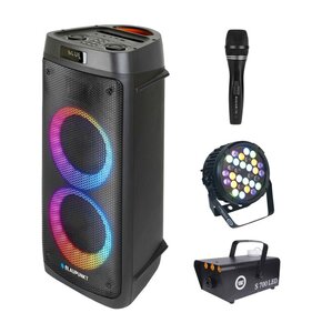 Zestaw do karaoke (Power audio BLAUPUNKT PB05DB + Mikrofon MUSICMATE B-13 + Reflektor LIGHT4ME Black Par 30x3W RGBA-UV LED + Wytwornica dymu LIGHT4ME S 700W LED)
