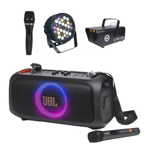 Zestaw do karaoke (Power audio JBL Partybox On The Go Essential + Mikrofon MUSICMATE B-13 + Reflektor LIGHT4ME Black Par 30x3W RGBA-UV LED + Wytwornica dymu LIGHT4ME S 700W LED)