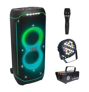 Zestaw do karaoke (Power audio JBL PartyBox Ultimate + Mikrofon MUSICMATE B-13 + Reflektor LIGHT4ME Black Par 30x3W RGBA-UV LED + Wytwornica dymu LIGHT4ME S 700W LED)