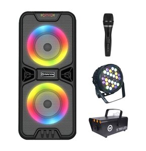 Zestaw do karaoke (Power audio MANTA SPK 816 + Mikrofon MUSICMATE B-13 + Reflektor LIGHT4ME Black Par 30x3W RGBA-UV LED + Wytwornica dymu LIGHT4ME S 700W LED)