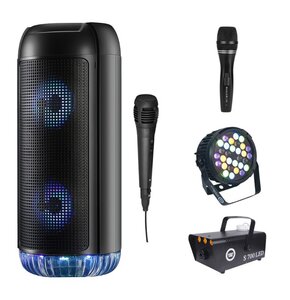 Zestaw do karaoke (Power audio MEDIA-TECH PartyBox MT3174 + Mikrofon MUSICMATE B-13 + Reflektor LIGHT4ME Black Par 30x3W RGBA-UV LED + Wytwornica dymu LIGHT4ME S 700W LED)