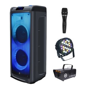 Zestaw do karaoke (Power audio MANTA SPK5350 Flame + Mikrofon MUSICMATE B-13 + Reflektor LIGHT4ME Black Par 30x3W RGBA-UV LED + Wytwornica dymu LIGHT4ME S 700W LED)