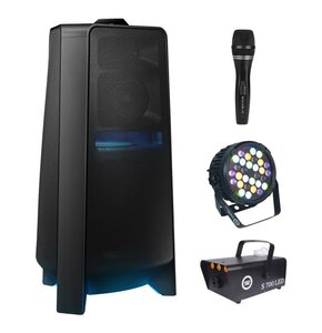 Zestaw do karaoke (Power audio SAMSUNG MX-T70 + Mikrofon MUSICMATE B-13 + Reflektor LIGHT4ME Black Par 30x3W RGBA-UV LED + Wytwornica dymu LIGHT4ME S 700W LED)