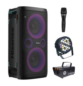 Zestaw do karaoke (Power audio HISENSE Party Rocker HP100 + Mikrofon MUSICMATE B-13 + Reflektor LIGHT4ME Black Par 30x3W RGBA-UV LED + Wytwornica dymu LIGHT4ME S 700W LED)