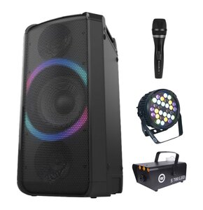 Zestaw do karaoke (Power audio PANASONIC SC-TMAX5E-K + Mikrofon MUSICMATE B-13 + Reflektor LIGHT4ME Black Par 30x3W RGBA-UV LED + Wytwornica dymu LIGHT4ME S 700W LED)