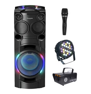 Zestaw do karaoke (Power audio PANASONIC SC-TMAX40E-K + Mikrofon MUSICMATE B-13 + Reflektor LIGHT4ME Black Par 30x3W RGBA-UV LED + Wytwornica dymu LIGHT4ME S 700W LED)