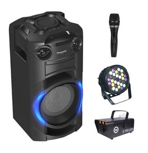 Zestaw do karaoke (Power audio PANASONIC SC-TMAX10E-K + Mikrofon MUSICMATE B-13 + Reflektor LIGHT4ME Black Par 30x3W RGBA-UV LED + Wytwornica dymu LIGHT4ME S 700W LED)