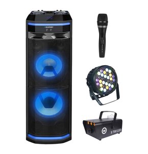 Zestaw do karaoke (Power audio BLAUPUNKT PS11DB + Mikrofon MUSICMATE B-13 + Reflektor LIGHT4ME Black Par 30x3W RGBA-UV LED + Wytwornica dymu LIGHT4ME S 700W LED)