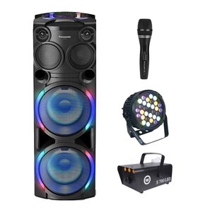 Zestaw do karaoke (Power audio PANASONIC SC-TMAX50E-K + Mikrofon MUSICMATE B-13 + Reflektor LIGHT4ME Black Par 30x3W RGBA-UV LED + Wytwornica dymu LIGHT4ME S 700W LED)