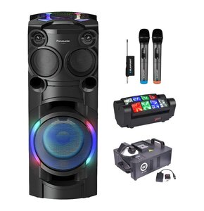 Zestaw do karaoke (Power audio PANASONIC SC-TMAX40E-K + Mikrofon BLAUPUNKT WM60UDB (2 szt.) + Reflektor LIGHT4ME Spider MkII Turbo + Wytwornica dymu LIGHT4ME Jet 2000)