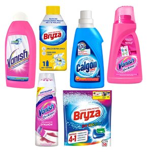 Kapsułki do prania BRYZA 4 w1 Color + Odplamiacz do prania VANISH Oxi Action + Odkamieniacz do pralki CALGON Power + Płyn do czyszczenia pralki BRYZA + Płyn do płukania VANISH + Odplamiacz do dywanów VANISH Oxi Action