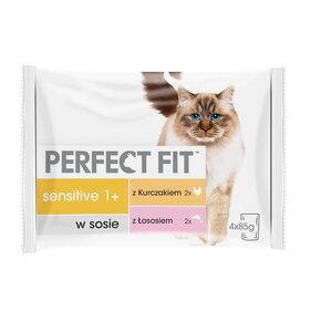 Karma dla kota PERFECT FIT Sensitive 1+ Kurczak i łosoś w sosie (4 x 85 g)