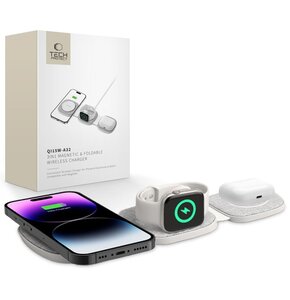 Ładowarka indukcyjna TECH-PROTECT QI15W-A32 3w1 Magnetic MagSafe 15W Biało-szary
