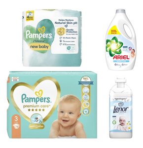 Pieluchy PAMPERS Premium Care 3 (78 szt.) + Płyn do prania ARIEL Sensitive 3000 ml + Płyn do płukania LENOR Sensitive 1600 ml + Chusteczki nawilżane PAMPERS Harmonie New Baby (184 szt.)