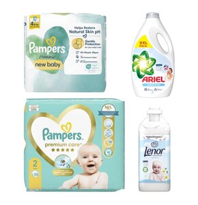 Pieluchy PAMPERS Premium Care 2 (88 szt.) + Płyn do prania ARIEL Sensitive 3000 ml + Płyn do płukania LENOR Sensitive 1600 ml + Chusteczki nawilżane PAMPERS Harmonie New Baby (184 szt.)