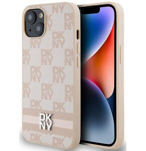 Etui DKNY Leather Checkered Mono Pattern & Printed Stripes do Apple iPhone 13/14/15 Różowy