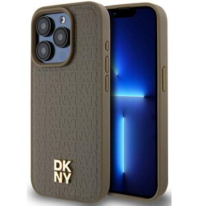 Etui DKNY Leather Pattern Metal Logo MagSafe do Apple iPhone 14 Pro Brązowy
