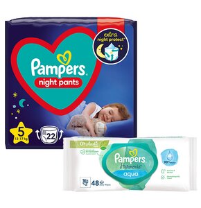 Pieluchomajtki PAMPERS Night Pants 5 (22 szt.) + Chusteczki nawilżane PAMPERS Harmonie Aqua (48 szt.)