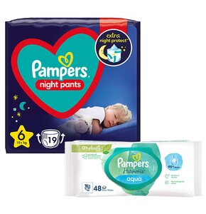 Pieluchomajtki PAMPERS Night Pants 6 (19 szt.) + Chusteczki nawilżane PAMPERS Harmonie Aqua (48 szt.)