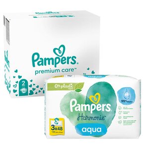 Pieluchy PAMPERS Premium Care 2 (224 szt.) + Chusteczki nawilżane PAMPERS Harmonie Aqua (144 szt.)