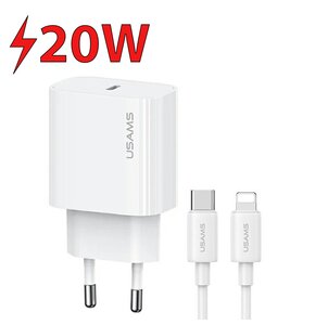 Ładowarka sieciowa USAMS T65 OYXLTZ02 20W Biały + Kabel UBS-C - Lightning