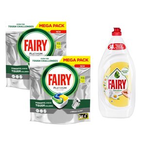Kapsułki do zmywarki FAIRY Platinum All in One Lemon - 226 szt. + Płyn do mycia naczyń FAIRY Sensitive Rumianek z witaminą E 1350 ml