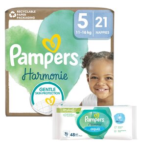 Pieluchomajtki PAMPERS Harmonie Baby 5 (21 szt.) + Chusteczki nawilżane PAMPERS Harmonie Aqua (48 szt.)