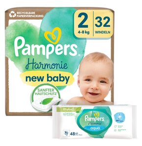 Pieluchy PAMPERS Harmonie Baby 2 (32 szt.) + Chusteczki nawilżane PAMPERS Harmonie Aqua (48 szt.)