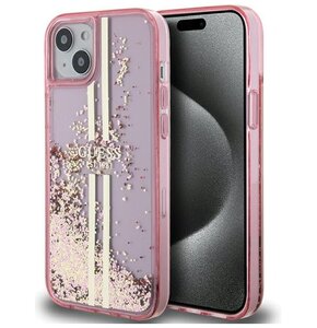 Etui GUESS Liquid Glitter Gold Stripes do Apple iPhone 15 Plus Różowy
