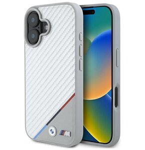 Etui BMW M Carbon Tricolor Line MagSafe do Apple iPhone 16 Szary