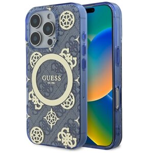 Etui GUESS IML Peony On 4G Background MagSafe do Apple iPhone 16 Pro Niebieski