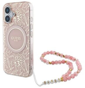 Etui GUESS IML Flowers Allover Electro With Pearl Strap MagSafe do Apple iPhone 16 Różowy