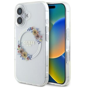 Etui GUESS IML Flowers Wreath MagSafe do Apple iPhone 16 Plus Przezroczysty