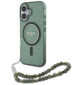 Etui GUESS IML Glitter With Pearl Strap MagSafe do Apple iPhone 16 Plus Zielony