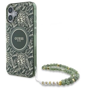 Etui GUESS IML Flowers Allover Electro With Pearl Strap MagSafe do Apple iPhone 16 Plus Zielony