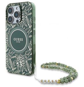 Etui GUESS IML Flowers Allover Electro With Pearl Strap MagSafe do Apple iPhone 16 Pro Zielony