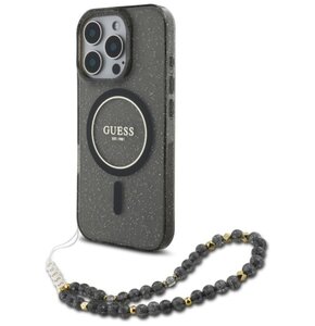 Etui GUESS IML Glitter With Pearl Strap MagSafe do Apple iPhone 16 Pro Czarny