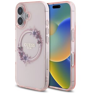 Etui GUESS IML Flowers Wreath MagSafe do Apple iPhone 16 Różowy
