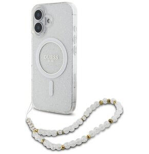 Etui GUESS IML Glitter With Pearl Strap MagSafe do Apple iPhone 16 Przeźroczysty