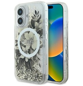 Etui GUESS Liquid Glitter Flower MagSafe do Apple iPhone 16 Beżowy